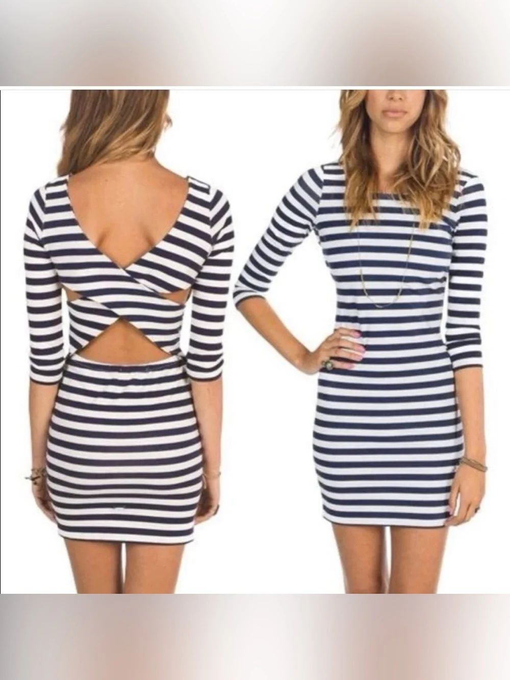 Billabong Dance With Me Blue White Open Crossed Back Striped Bodycon Dress S